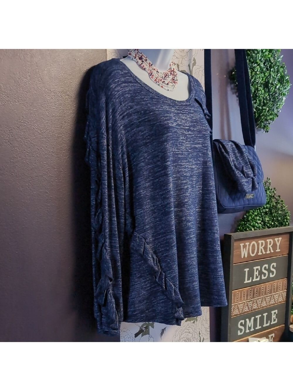 Avril style Heathered Blue Knit Top By Vintage America - Picture 3 of 6